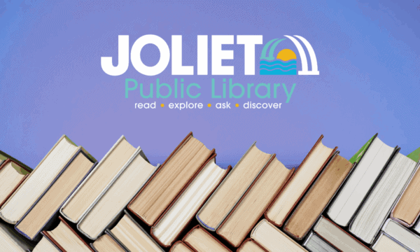 graphic of books with the library logo on top
