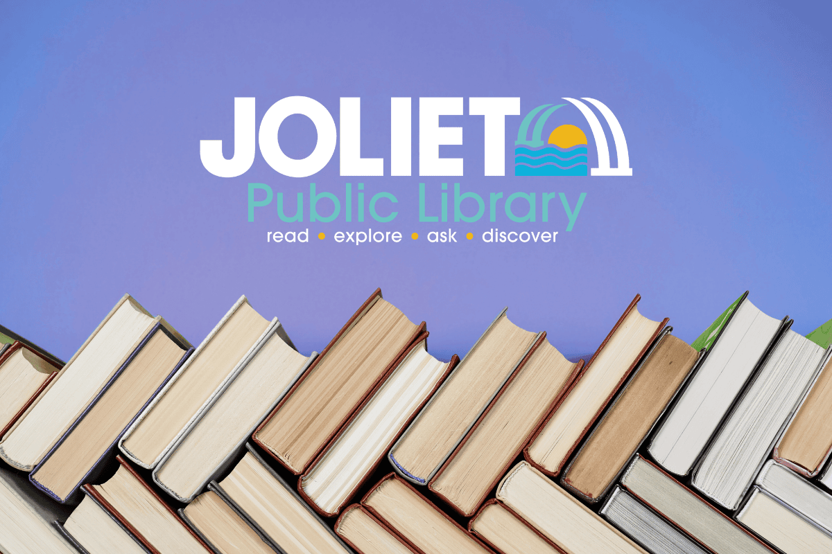 graphic of books with the library logo on top