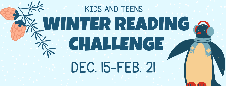 Winter Reading Challenge dec 15-feb 21 with a pic of a penguin