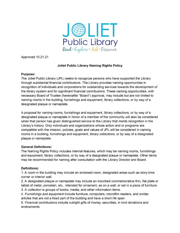 Joliet Public Library Naming Rights Policy