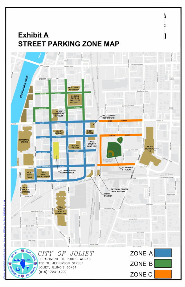 downtown joliet parking map with zones abc