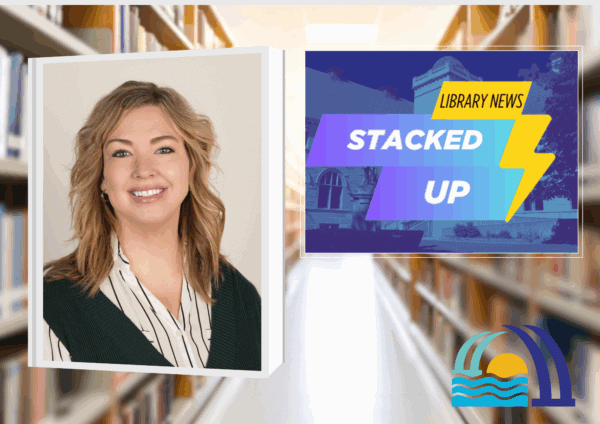 Promo for library newscast stacked up with the logo and a photo of the reporter