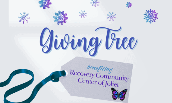 graphic that says Giving Tree benefiting the recovery center of Joliet with snowflakes, a gift tag, and ribbon.