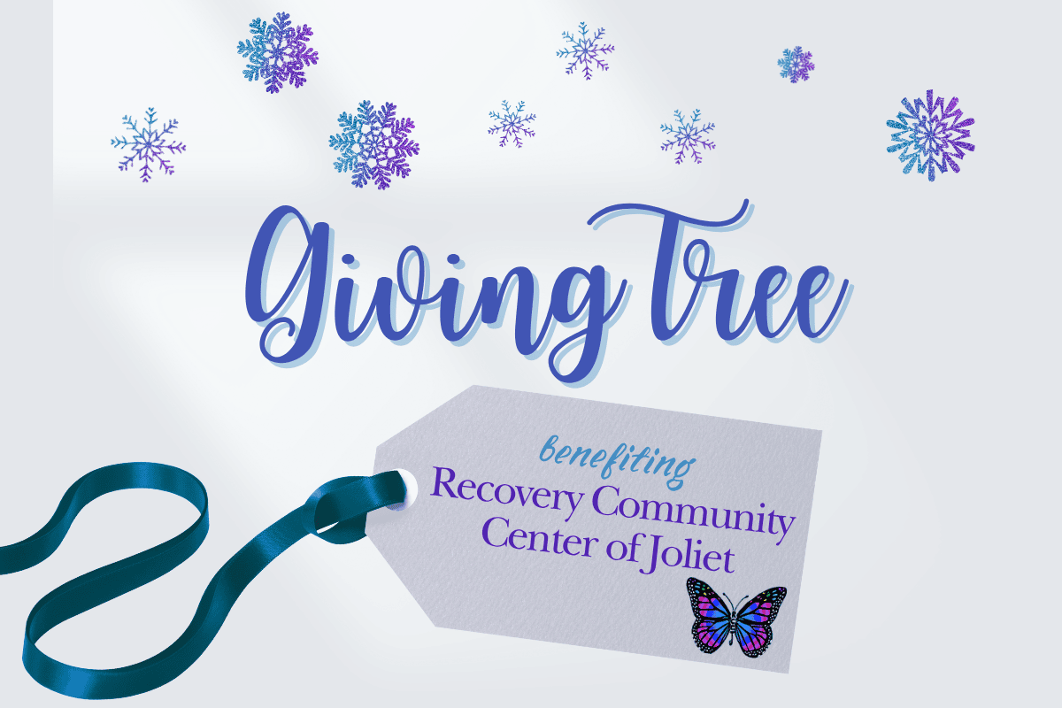 graphic that says Giving Tree benefiting the recovery center of Joliet with snowflakes, a gift tag, and ribbon.