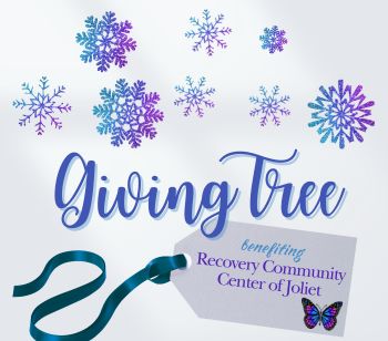 graphic of snowflakes with the words giving tree benefiting the recovery community center of joliet, with a butterfly.