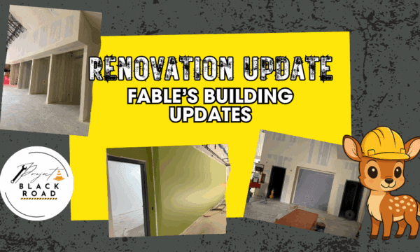 Image of library construction and a cartoon deer.