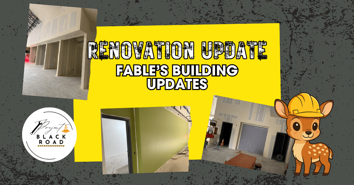 Image of library construction and a cartoon deer.
